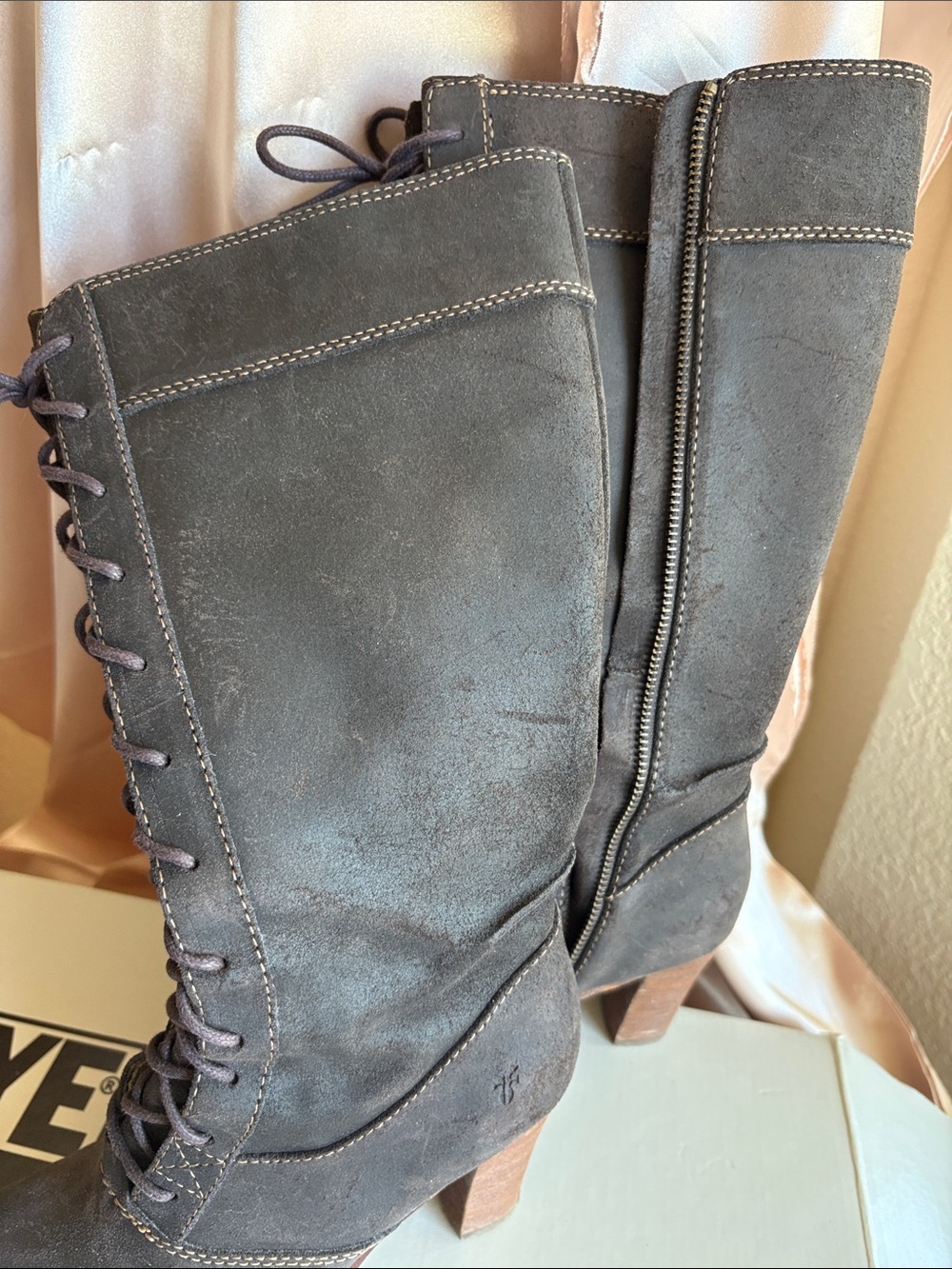 Frye Villager Lace Dark Brown Leather Mid-Calf Boots with Side Zipper Sz 6 - Picture 11 of 15
